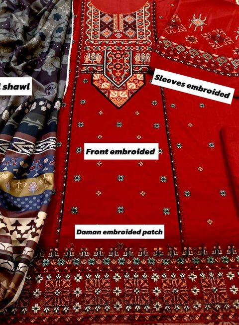 "LAAM A+ Dhanak 3Pc Unstitched Embroidered Suit – Neck & Sleeves Patch with Printed Dupatta | Winter Collection 2025 Online in Pakistan"