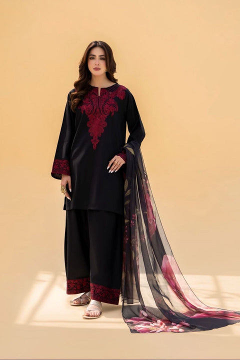 "LAAM A+ Dhanak 3Pc Unstitched Embroidered Suit – Neck, Sleeves & Daman Patch with Printed Dupatta | Winter Collection 2025 Online in Pakistan"