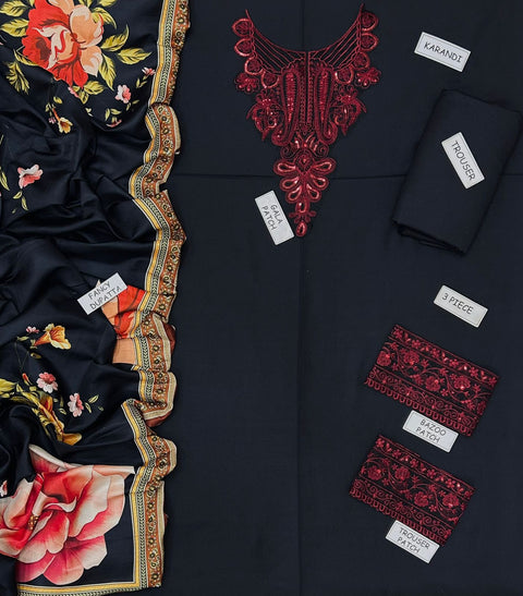 "LAAM A+ Dhanak 3Pc Unstitched Embroidered Suit – Neck, Sleeves & Daman Patch with Printed Dupatta | Winter Collection 2025 Online in Pakistan"