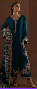 “Heer’s Designer Shamooz Silk 3 Piece Suit – Luxury Embroidered Dress with Adda Work, Organza Dupatta & Silk Trouser | Formal Collection Pakistan”