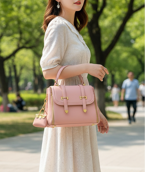 Luxury Blush Pink Leather Handbag for Women – Elegant Crossbody Shoulder Bag with Gold Detailing & Mini Charm –100% Pure Leather Bags