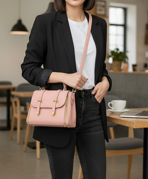 Luxury Blush Pink Leather Handbag for Women – Elegant Crossbody Shoulder Bag with Gold Detailing & Mini Charm –100% Pure Leather Bags