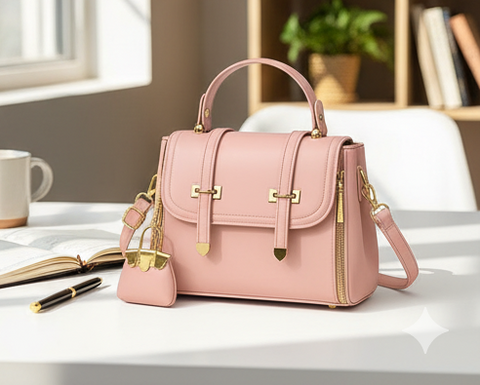 Luxury Blush Pink Leather Handbag for Women – Elegant Crossbody Shoulder Bag with Gold Detailing & Mini Charm –100% Pure Leather Bags
