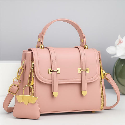 Luxury Blush Pink Leather Handbag for Women – Elegant Crossbody Shoulder Bag with Gold Detailing & Mini Charm –100% Pure Leather Bags